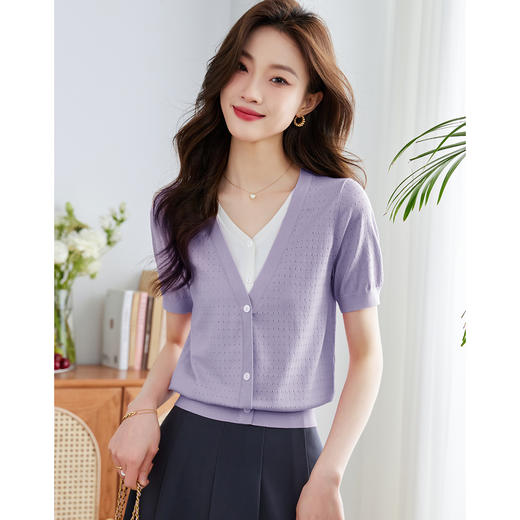 熙世界镂空肌理冰丝针织衫女叠搭式假两件2025夏装短袖 商品图4