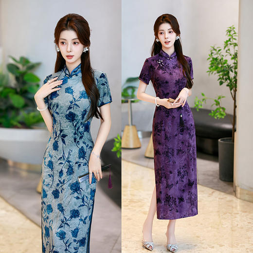 GX2025中国风夏秋新款改良植绒旗袍新中式长款婚宴礼妈妈大码旗袍裙 商品图0