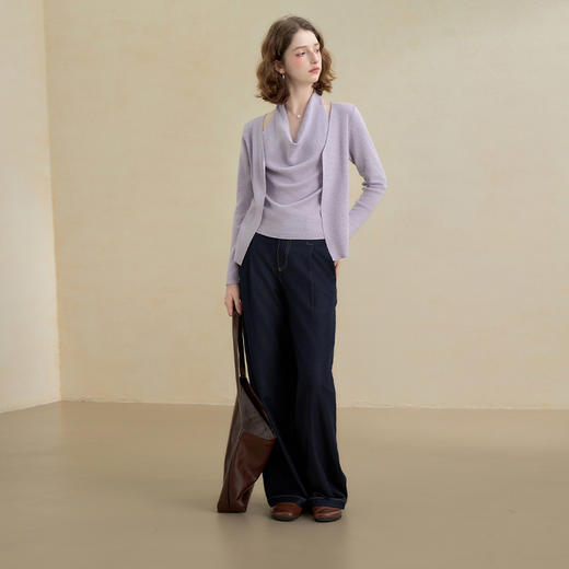 西遇法式荡领挂脖背心开衫假两件针织衫女25秋季设计感长袖上衣V2951199 商品图1