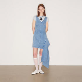 lost in echo2025秋冬新款V领个性不对称活片收腰修身牛仔连衣裙