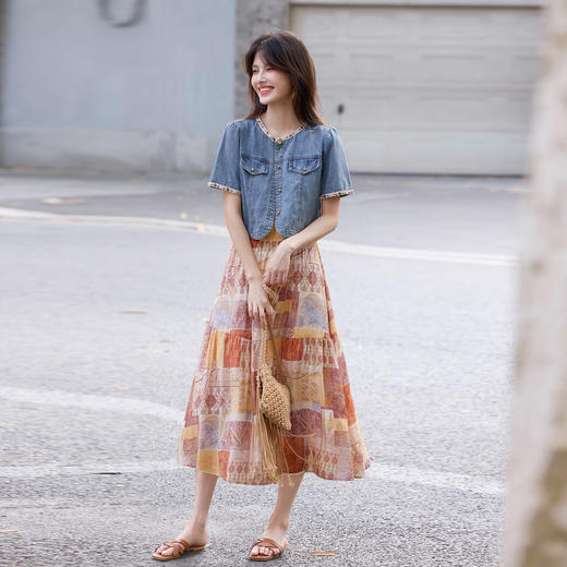 【专属特价】熙世界丹宁牛仔短外套女小个子海洋织带圆领短袖上衣2025夏日新款 商品图3