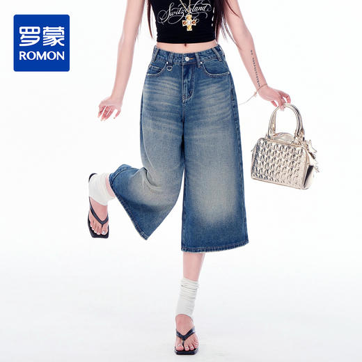 罗蒙女士七分牛仔裤夏季薄款水洗做旧高腰宽松显瘦阔腿短裤子 商品图0