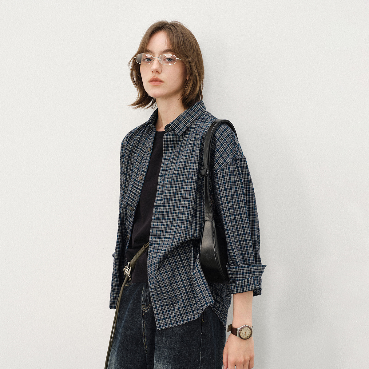 714street美式复古纯棉情侣长袖2025秋季新款miu系蓝色格子衬衫男