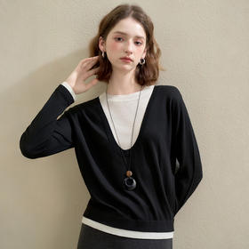 西遇撞色叠穿假两件长袖针织衫女秋季宽松显瘦内搭套头毛衣V2751163