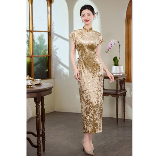 GX纯色丝绒长款连袖旗袍2025早秋新款复古国风年轻女士日常可穿旗袍 商品图3