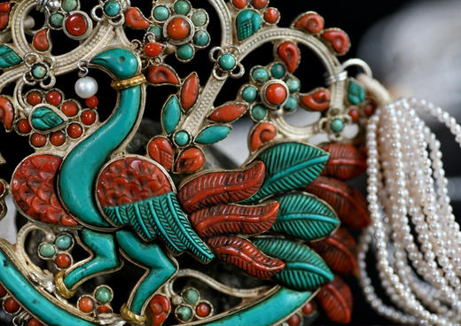 珍珠银鎏金面包珠老琉璃珊瑚绿松石纯银孔雀项链 商品图3