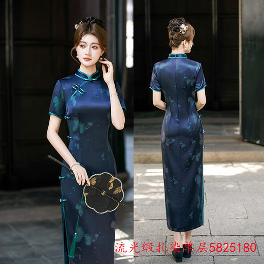 GX新款中国风流光缎印花旗袍长款改良修身显瘦复古旗袍 商品图1