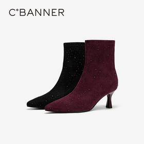 千百度细高跟时装靴女尖头弹力袜靴通勤洋气小短靴子A25596529