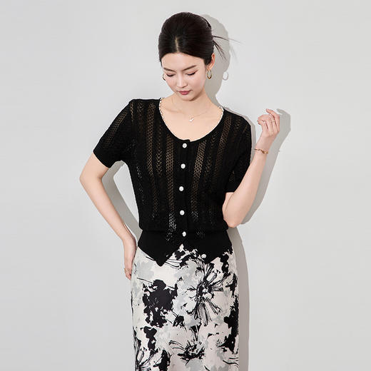 「高货wl」全新升级【铂金会员201/天猫269/差价68】(54859)洛诗琳钉珠天丝镂空钩花开衫2025夏季时尚轻盈短袖上衣女 商品图1