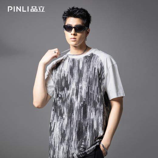PINLI品立2025夏季新款男士圆领拼接撞色个性涂鸦印花短袖T恤上衣GD252111389 商品图4