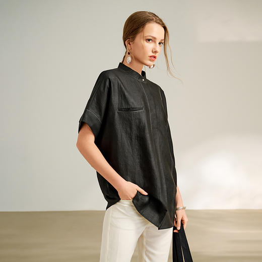 TANGYcollection天意2025秋季新品商场同款立领茛绸T恤L251017 商品图3