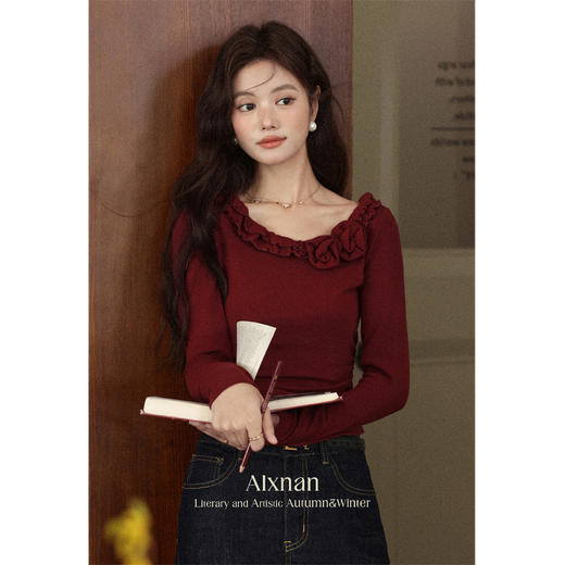 鹿向南「秋日夕阳」法式立体花朵长袖t恤女秋季小众正肩红色上衣 商品图0