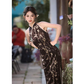 GX现代时尚改良新中式长款丝绒挂脖露肩旗袍2025夏季新款旗袍