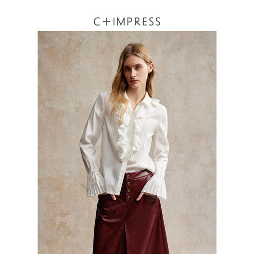 人丝羊毛法式浪漫木耳边重工压褶喇叭袖收腰复古衬衫 商品图0