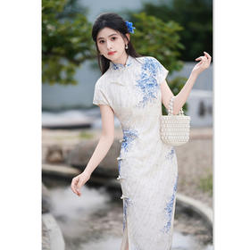 GX简约时尚年轻少女款缎面印花长款旗袍2025夏新款收腰显瘦日常旗袍