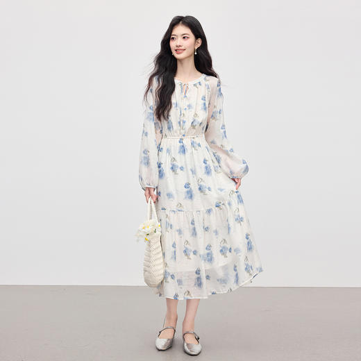 【08/06新品】熙世界高级感蓝色碎花连衣裙女2025早秋新款气质收腰长袖雪纺裙子 商品图2