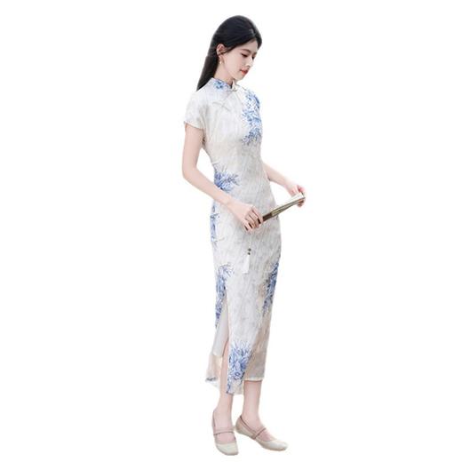 GX简约时尚年轻少女款缎面印花长款旗袍2025夏新款收腰显瘦日常旗袍 商品图4