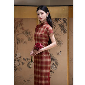 GX港风格子新中式长款改良旗袍2025夏新款日常文艺学院风旗袍