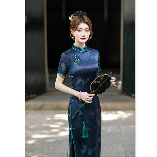 GX新款中国风流光缎印花旗袍长款改良修身显瘦复古旗袍 商品图2
