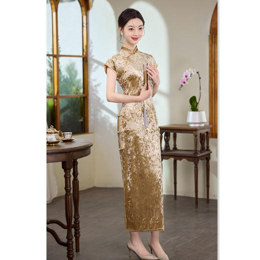 GX纯色丝绒长款连袖旗袍2025早秋新款复古国风年轻女士日常可穿旗袍 商品图2