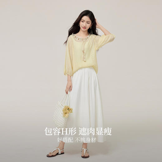 【08/06新品】熙世界出游度假风贝壳装饰七分袖衬衫女2025初秋新款圆领宽松上衣 商品图2