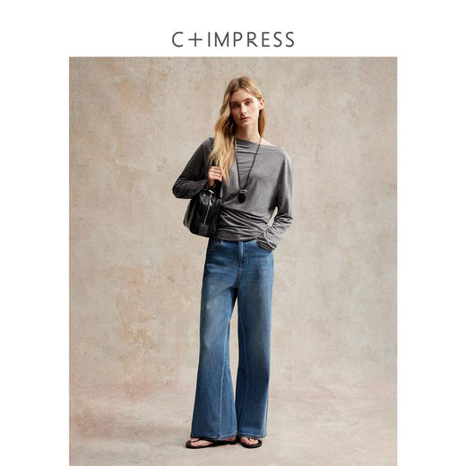 斜肩一字领多穿天丝羊毛褶皱收腰长袖T恤T2503028 商品图3