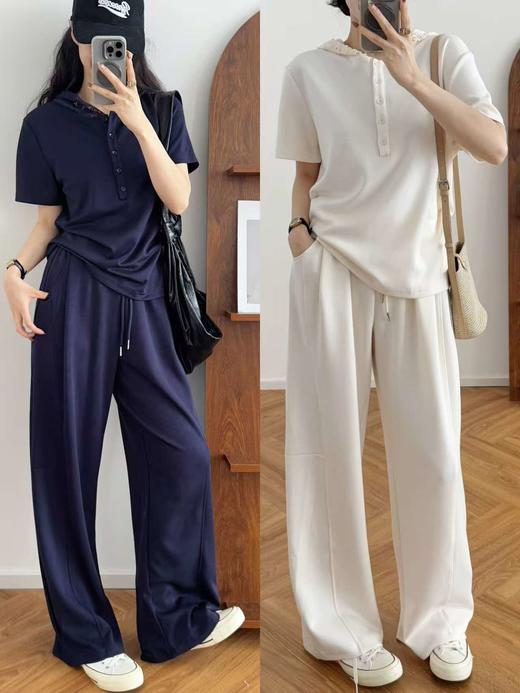 舒适蕾丝连帽T+阔腿直筒显瘦套装 商品图2