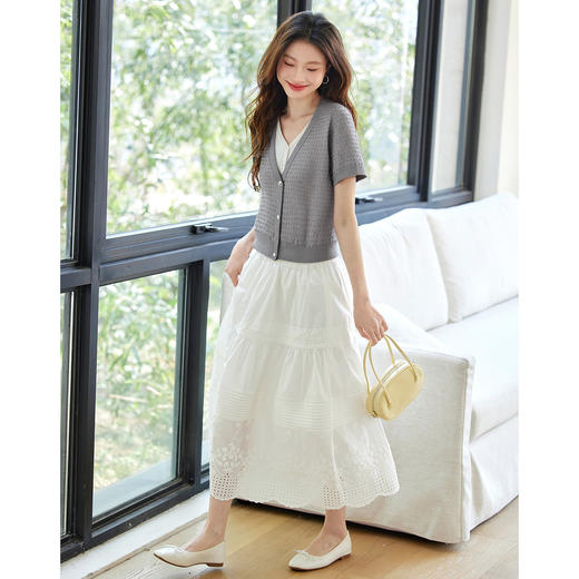 熙世界镂空肌理冰丝针织衫女叠搭式假两件2025夏装短袖 商品图6