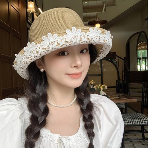 法式优雅拉菲草帽！2025女款夏季度假沙滩帽蕾丝花边渔夫帽遮阳盆帽子！ 商品图3