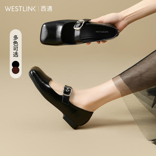 西遇平底玛丽珍鞋女新款秋季铆钉一字带低跟小皮鞋方头单鞋V1656908 商品图0