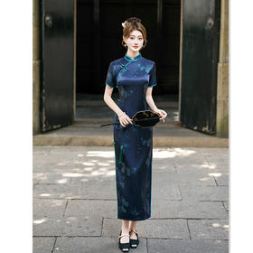 GX新款中国风流光缎印花旗袍长款改良修身显瘦复古旗袍