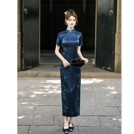 GX新款中国风流光缎印花旗袍长款改良修身显瘦复古旗袍 商品图0