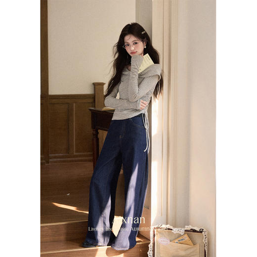 鹿向南「斑田雨意」小众不规则黑白条纹长袖t恤女秋收腰短款上衣 商品图4