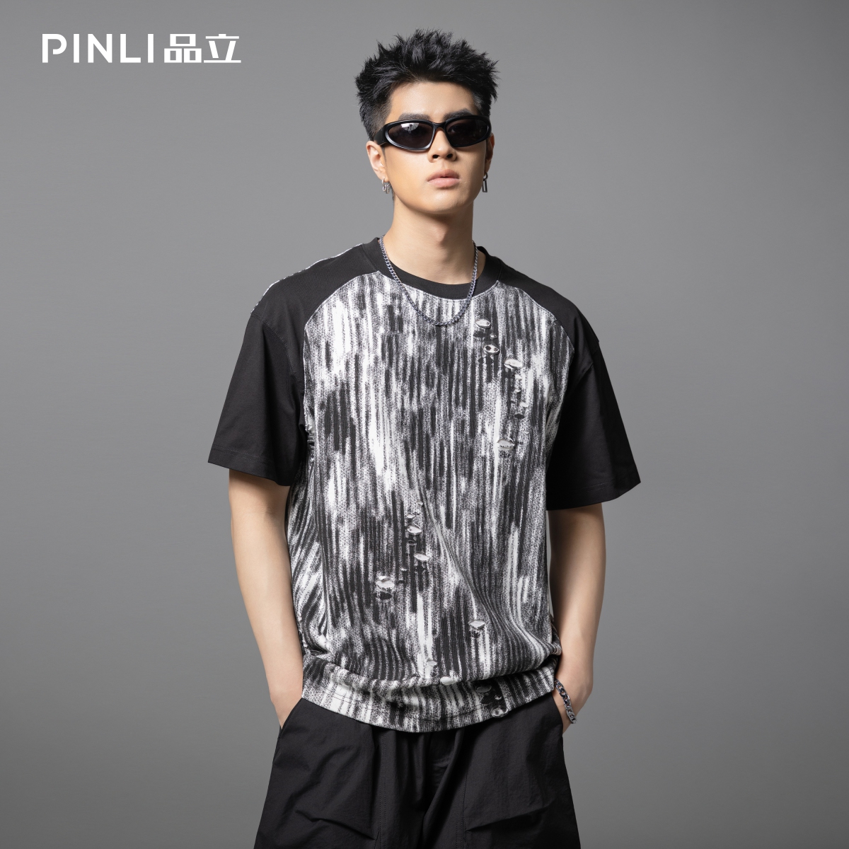PINLI品立2025夏季新款男士圆领拼接撞色个性涂鸦印花短袖T恤上衣GD252111389