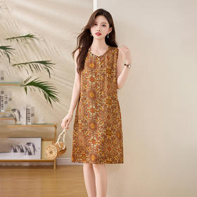 新中式国风背心裙，复古风无袖印花连衣裙日常百搭裙HR-1021