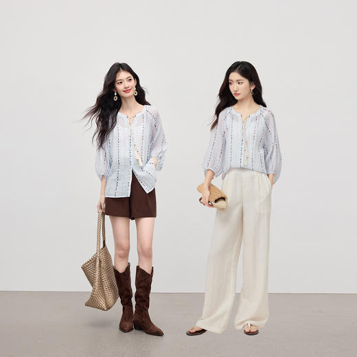 【08/06新品】熙世界天丝亚麻七分袖印花衬衫女2025初秋新款设计感独特漂亮上衣 商品图2