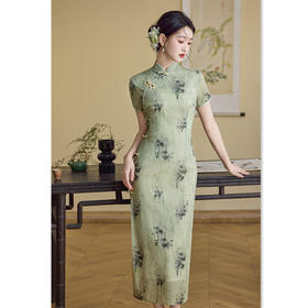 GX复古国风水晶网长款短袖旗袍2025夏新款年轻女士修身显瘦日常旗袍