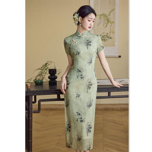 GX复古国风水晶网长款短袖旗袍2025夏新款年轻女士修身显瘦日常旗袍 商品图0