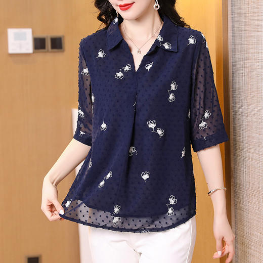 2025夏季新款印花雪纺衫上衣宽松显瘦刺绣七分袖衬衫女 商品图2