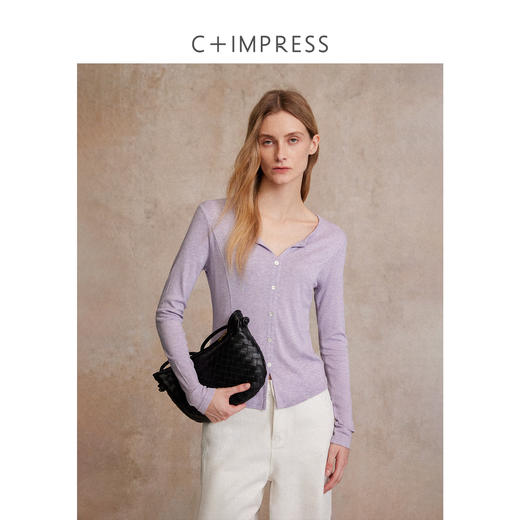 天丝羊毛V领轻薄慵懒纸片人长袖T恤T2503049 商品图0