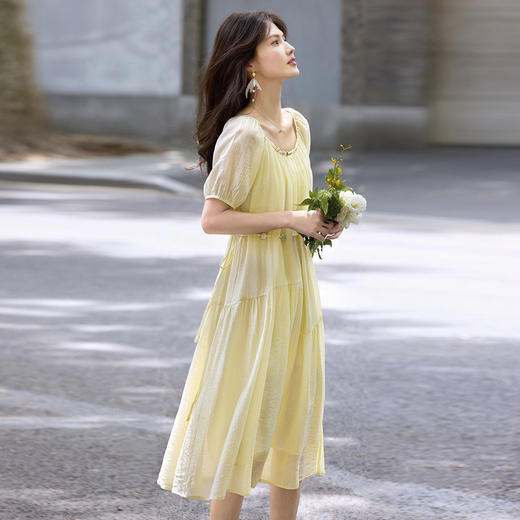 【08/06新品】熙世界欧若风串珠天丝连衣裙女夏2025新款短袖收腰莱赛尔a字裙子 商品图1