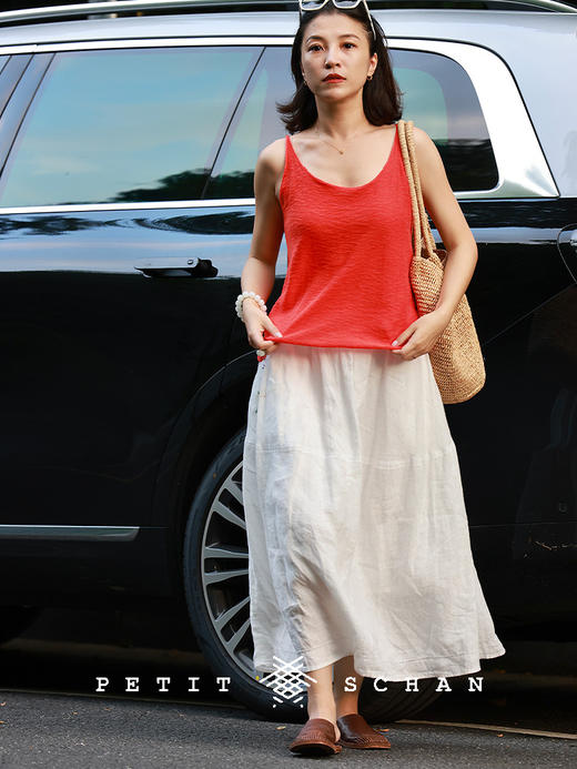 PETIT SCHAN小闪 CLO#879 A late bloomer 晚开的花 纯亚麻手绣薰衣草松紧腰茧型半裙 商品图4