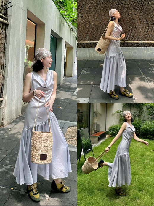 HIDEMI云雾紫极简设计感堆堆领柔光缎面韩国进口纱线不对称剪裁拼接式连衣裙长裙 商品图3