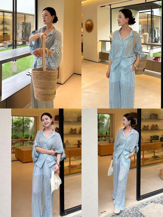 HIDEMI 度假系列色织海水蓝格纹清透感斜门襟设计压褶立领防晒款超薄外套衬衫套装 上衣/阔腿裤 商品图5
