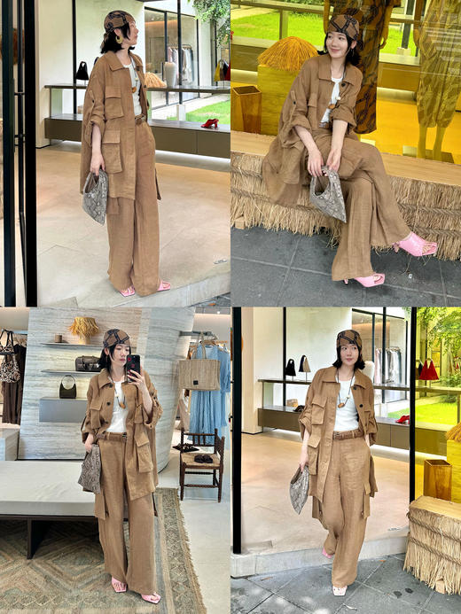 HIDEMI 水洗做旧感亚麻立体口袋猎装廓形薄外套阔腿裤两件套套装 商品图6