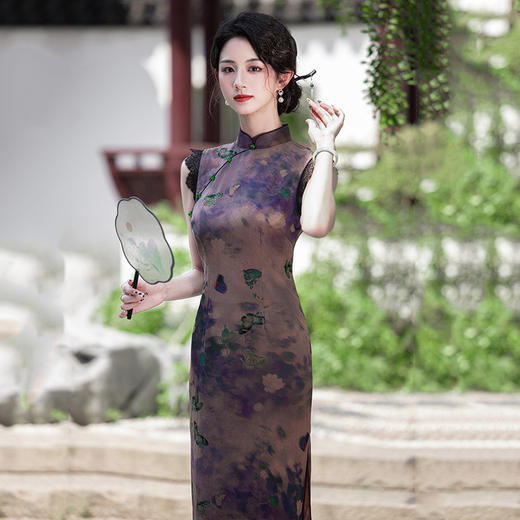 SC21780紫色显瘦国风新中式长款改良旗袍2025新款少女老上海复古修身夏季 商品图3