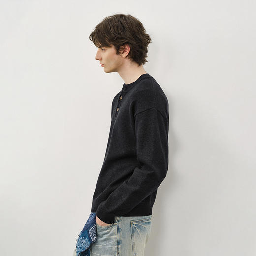 714street复古亨利领黑色毛衣男2025秋冬新款亲肤挺括合身针织衫 商品图1