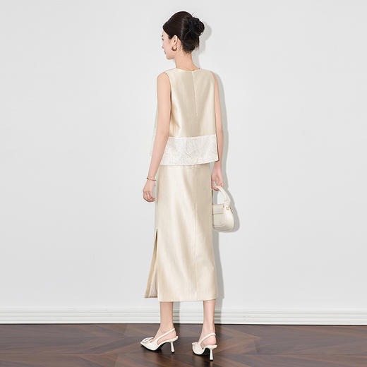 「高货wl」全新升级【铂金会员431/天猫579/差价148】(99427)洛诗琳法式优雅亮片刺绣马甲时尚天丝直筒半身裙两件套女 商品图2
