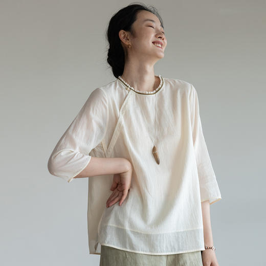 牧衣游原创 净色纯棉衬衫新品轻薄柔软质朴休闲百搭文艺衬衣 稚雪 商品图0