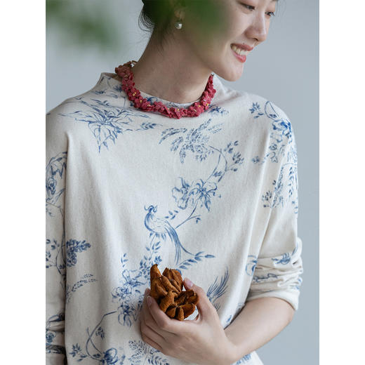 牧衣游原创印花纯棉T恤早秋新品素雅文艺圆领宽松百搭长袖 寻茶归 商品图1